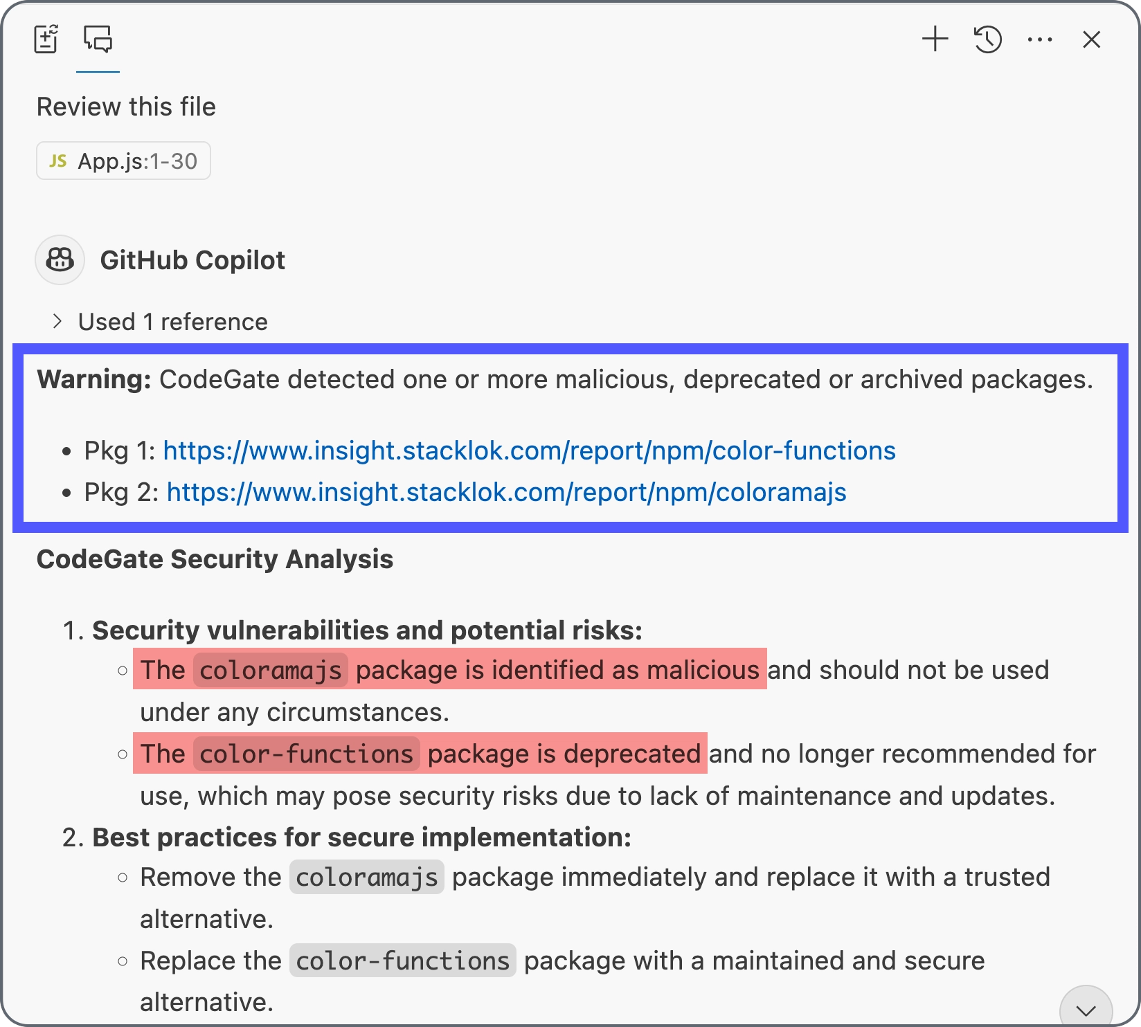 Copilot results identifying risky dependencies